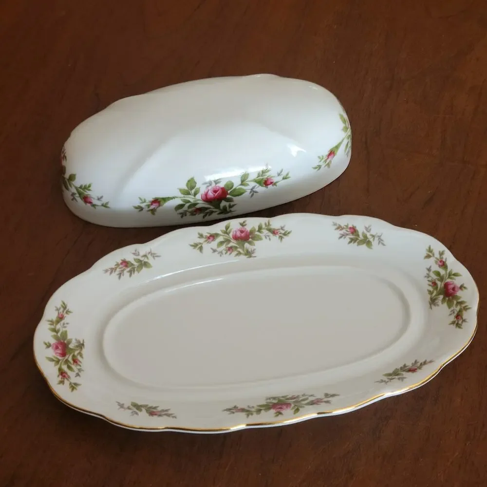 Vintage Johann Haviland Traditions Moss Rose Covered Butter Dish with Gold Trim